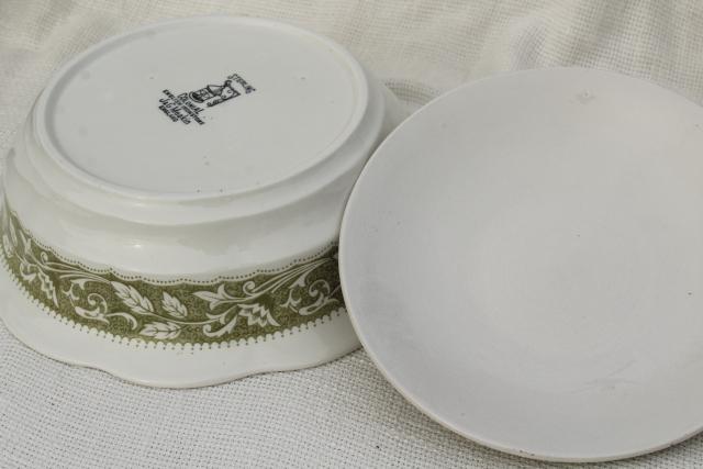 photo of vintage English ironstone covered serving bowl, Renaissance Meakin green transferware  #5