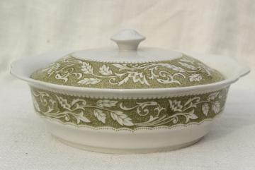 catalog photo of vintage English ironstone covered serving bowl, Renaissance Meakin green transferware 