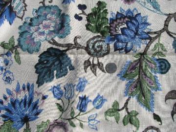 catalog photo of vintage English linen fabric, tree of life oriental floral, shades of blue on flax