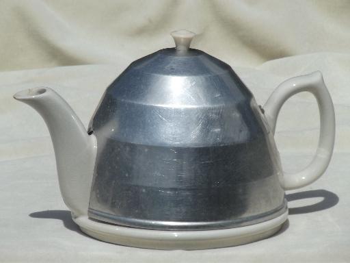 photo of vintage English pottery tea pot, teapot with art deco aluminum beehive cover #1