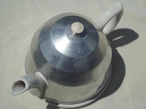 photo of vintage English pottery tea pot, teapot with art deco aluminum beehive cover #2