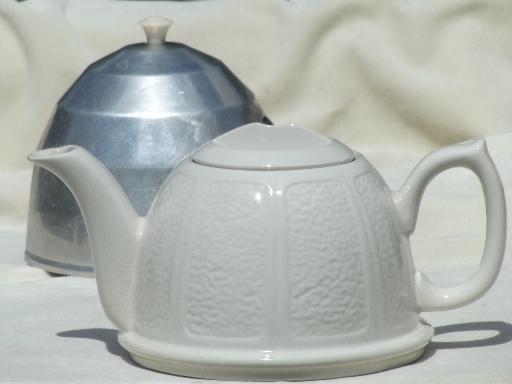 photo of vintage English pottery tea pot, teapot with art deco aluminum beehive cover #3