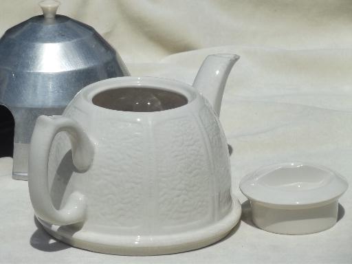 photo of vintage English pottery tea pot, teapot with art deco aluminum beehive cover #4