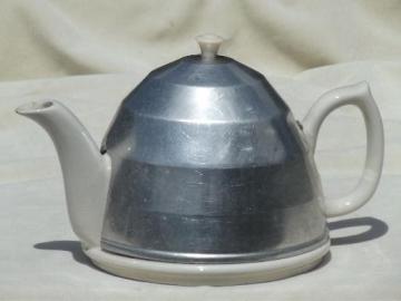 catalog photo of vintage English pottery tea pot, teapot with art deco aluminum beehive cover