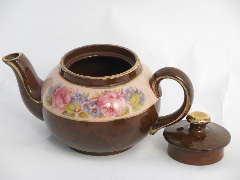 photo of vintage English pottery tea pots big & small, flower band pattern pink & white #3