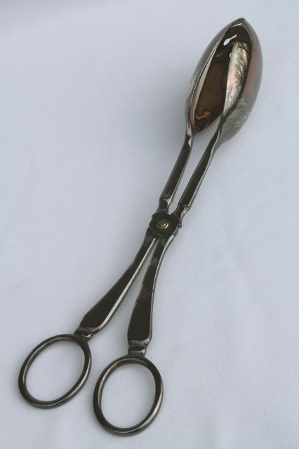 photo of vintage English silver serving utensil, silverplated salad tongs server made in England #6