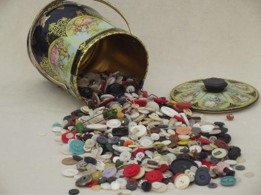 photo of vintage English tea tin full of old buttons, tea canister button box #1