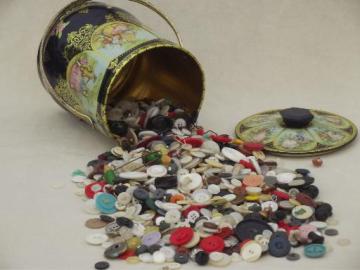 catalog photo of vintage English tea tin full of old buttons, tea canister button box