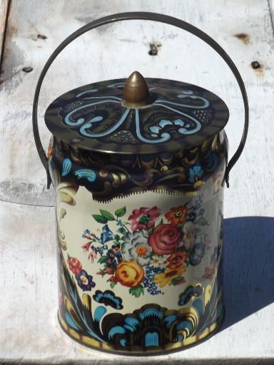 photo of vintage English toleware tin, metal sweets canister w/ pail handle #1