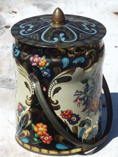 photo of vintage English toleware tin, metal sweets canister w/ pail handle #2