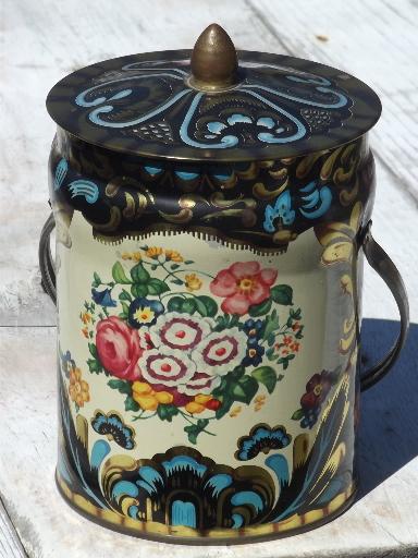 photo of vintage English toleware tin, metal sweets canister w/ pail handle #3