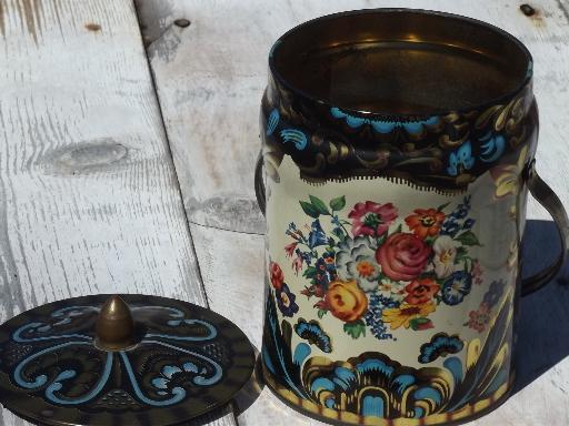 photo of vintage English toleware tin, metal sweets canister w/ pail handle #4