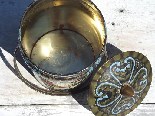 photo of vintage English toleware tin, metal sweets canister w/ pail handle #5