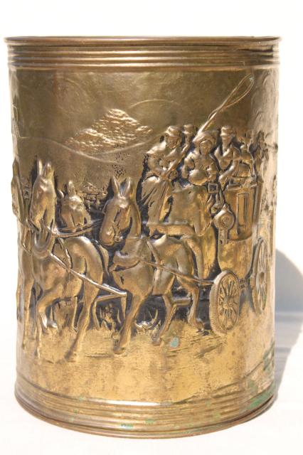 photo of vintage English tooled brass wastebasket, embossed Regency scene coach & horses #1