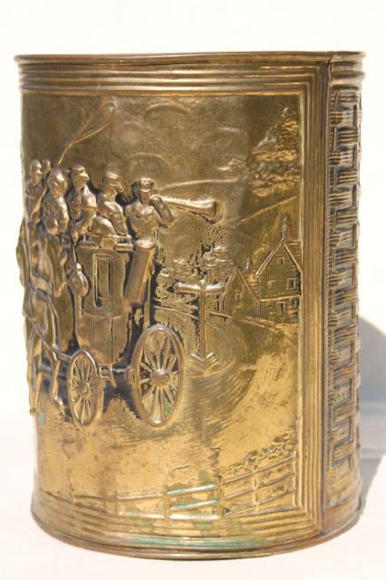 photo of vintage English tooled brass wastebasket, embossed Regency scene coach & horses #2