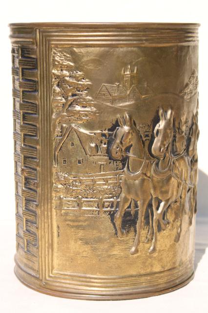 photo of vintage English tooled brass wastebasket, embossed Regency scene coach & horses #4