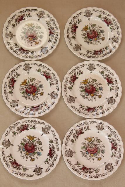 photo of vintage English transferware china plates, Myott's Bouquet multicolored floral #2