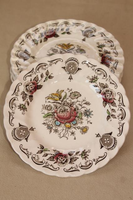 photo of vintage English transferware china plates, Myott's Bouquet multicolored floral #3