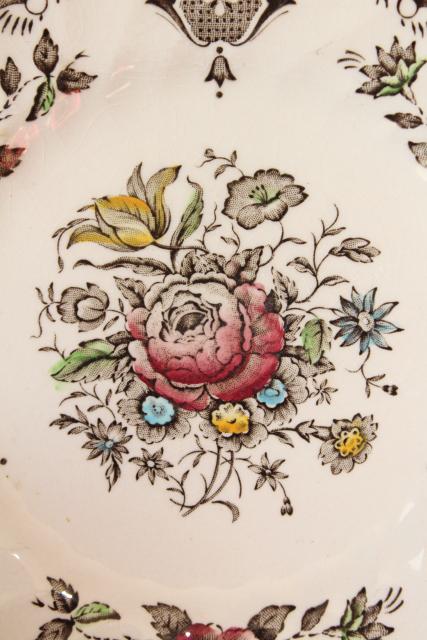photo of vintage English transferware china plates, Myott's Bouquet multicolored floral #4