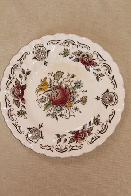 photo of vintage English transferware china plates, Myott's Bouquet multicolored floral #5