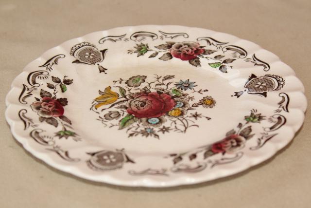 photo of vintage English transferware china plates, Myott's Bouquet multicolored floral #7