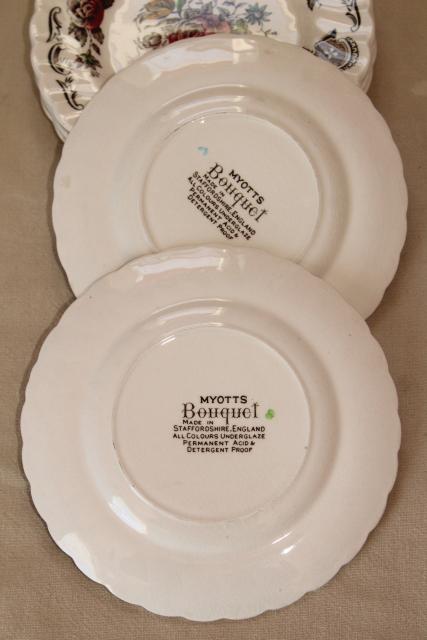 photo of vintage English transferware china plates, Myott's Bouquet multicolored floral #8