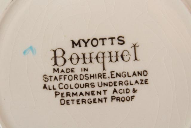photo of vintage English transferware china plates, Myott's Bouquet multicolored floral #9