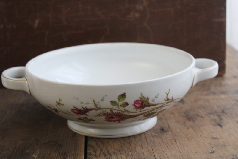 photo of vintage Eschenbach Bavaria porcelain large serving bowl w/ handles, moss rose pink roses china #1