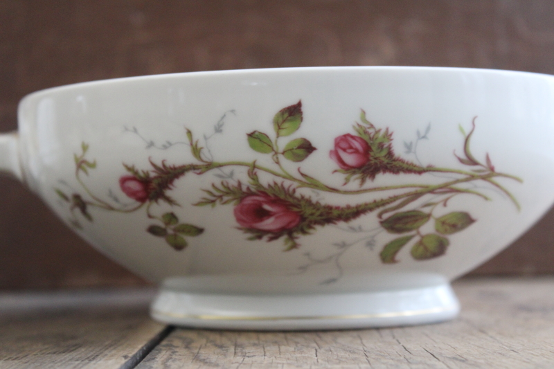 photo of vintage Eschenbach Bavaria porcelain large serving bowl w/ handles, moss rose pink roses china #2