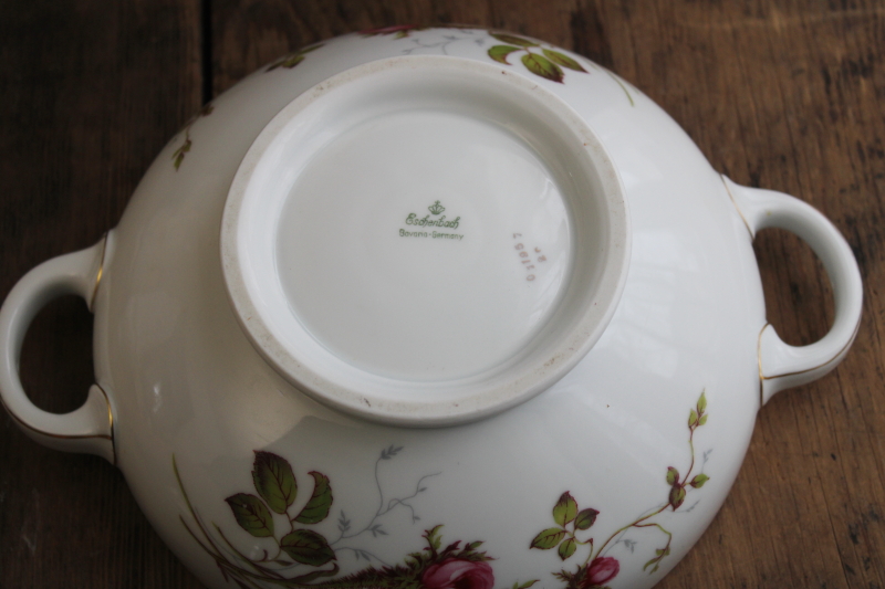 photo of vintage Eschenbach Bavaria porcelain large serving bowl w/ handles, moss rose pink roses china #5