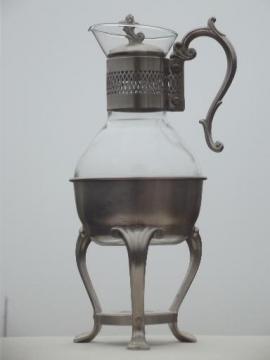 catalog photo of vintage F B Rogers pewter glass coffee carafe & warming stand to hold a candle