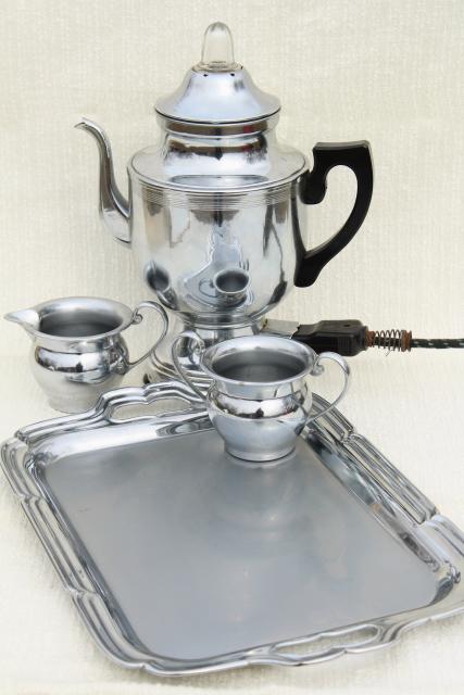 photo of vintage Farberware deco chrome coffee set, electric percolator pot, cream & sugar, serving tray #7