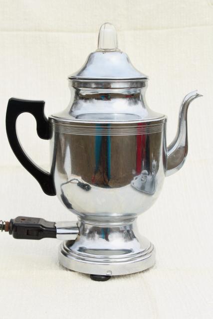 photo of vintage Farberware deco chrome coffee set, electric percolator pot, cream & sugar, serving tray #9