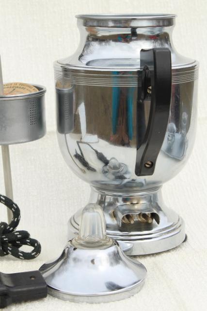 photo of vintage Farberware deco chrome coffee set, electric percolator pot, cream & sugar, serving tray #10