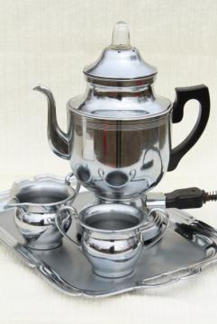 catalog photo of vintage Farberware deco chrome coffee set, electric percolator pot, cream & sugar, serving tray