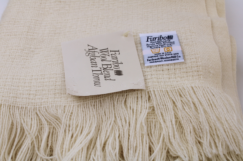 photo of vintage Faribo cream colored wool blend throw blanket w/ tag, never used  #3