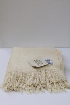 catalog photo of vintage Faribo cream colored wool blend throw blanket w/ tag, never used 