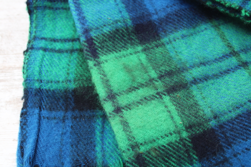 photo of vintage Faribo soft acrylic fringed throw blanket, black watch tartan plaid blue green black #3