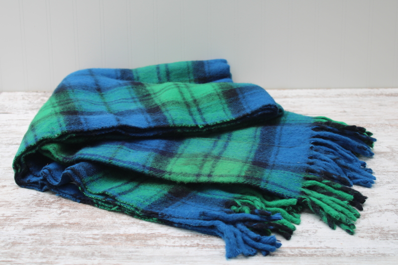 photo of vintage Faribo soft acrylic fringed throw blanket, black watch tartan plaid blue green black #4