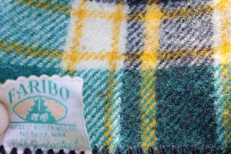 photo of vintage Faribo wool camp blanket, plaid green gold black stadium blanket or throw #4