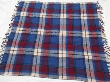 catalog photo of vintage Faribo wool camp blanket throw, blue & wine plaid wool blanket