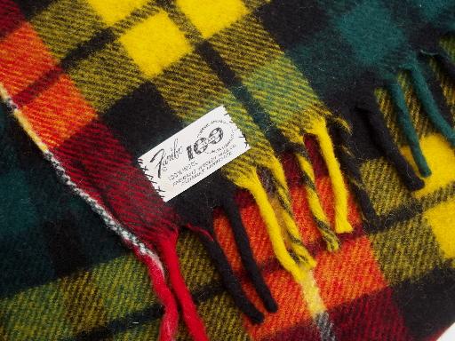 photo of vintage Faribo wool camp blanket throw, gold red green plaid wool blanket #1