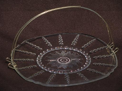 photo of vintage Federal Columbia glass cake or tea sandwich plate w/ basket handle #1