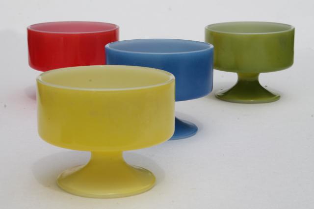 photo of vintage Federal glass heat proof kitchen milk glass sherbets w/ Pyrex type primary colors #2