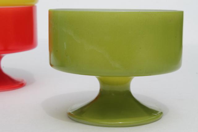 photo of vintage Federal glass heat proof kitchen milk glass sherbets w/ Pyrex type primary colors #3