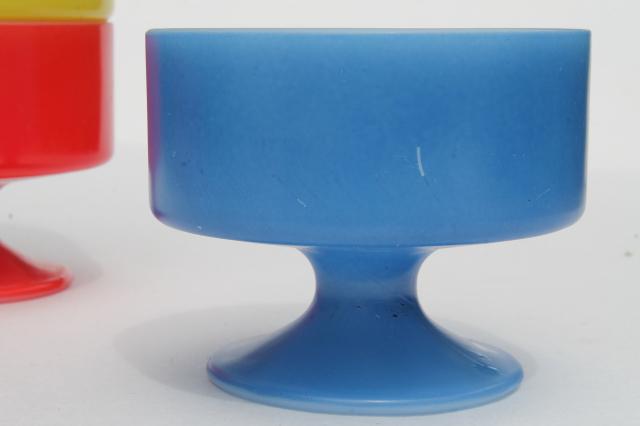 photo of vintage Federal glass heat proof kitchen milk glass sherbets w/ Pyrex type primary colors #8