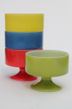 catalog photo of vintage Federal glass heat proof kitchen milk glass sherbets w/ Pyrex type primary colors