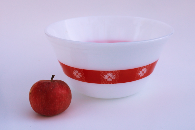 photo of vintage Federal glass large mixing bowl, milk white w/ red picnic gingham checked pattern #1