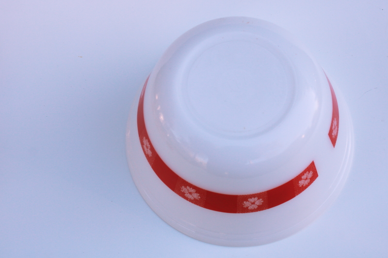 photo of vintage Federal glass large mixing bowl, milk white w/ red picnic gingham checked pattern #4