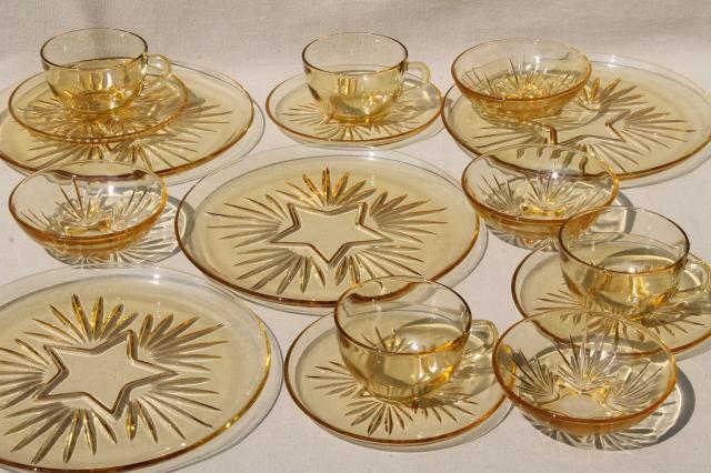 photo of vintage Federal glass star pattern dishes, yellow amber glass dinner plates, cups & saucers, bowls #1